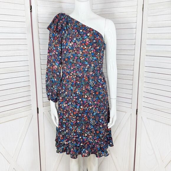 J.Crew Kaleidoscope Stars One Shoulder Ruffle Hem Dress Blue Multi 4 - Picture 1 of 14
